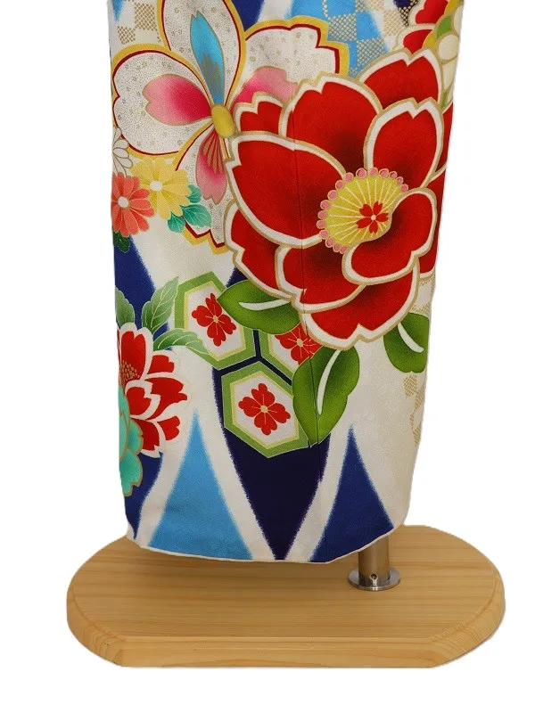 振袖1133/白ﾌﾞﾙｰ椿桜市松【ゆったりサイズ】