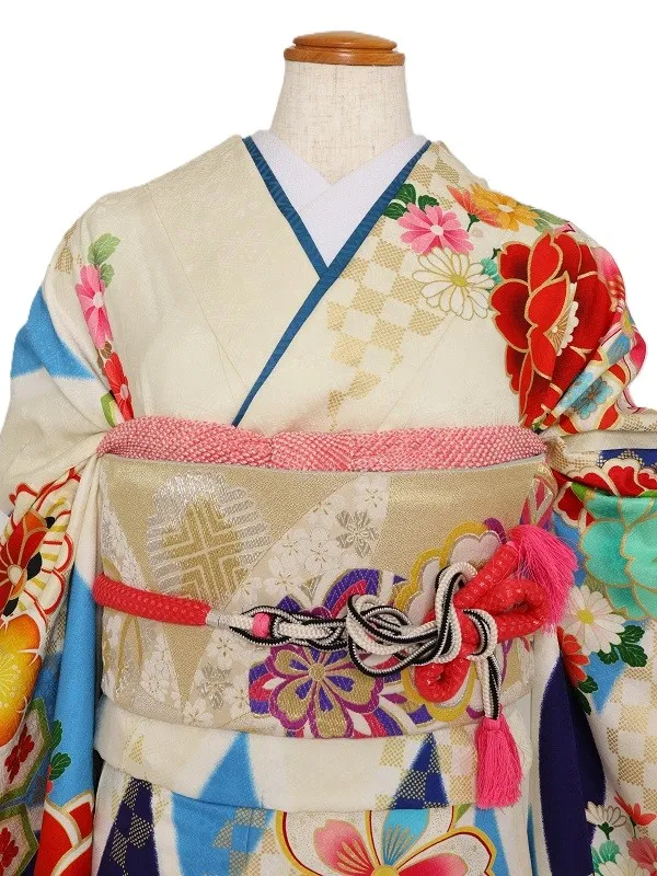 振袖1133/白ﾌﾞﾙｰ椿桜市松【ゆったりサイズ】