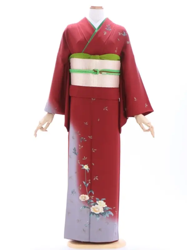 訪問着160赤茶色裾ねずみ色ぼかし　牡丹