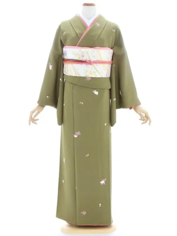 訪問着327うぐいす色小花柄
