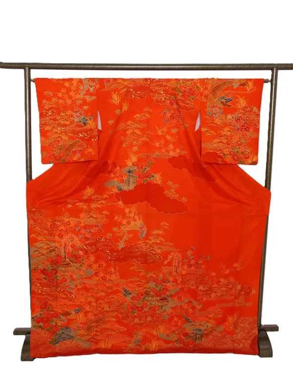 NEO訪問着487/朱赤地に細書き友禅模様