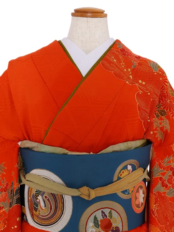 NEO訪問着487/朱赤地に細書き友禅模様