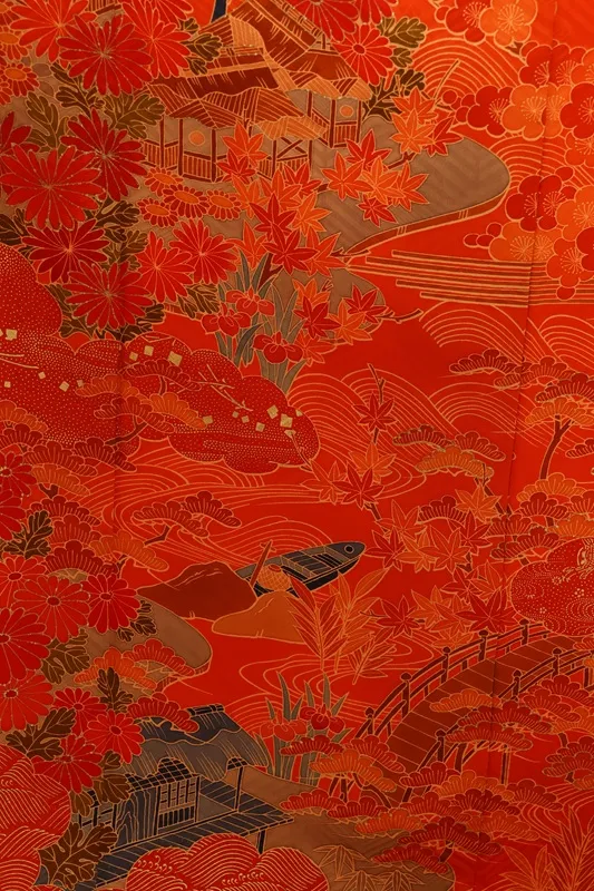 NEO訪問着487/朱赤地に細書き友禅模様