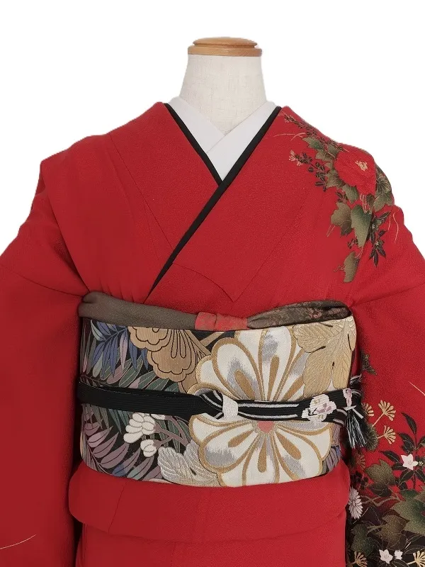 NEO訪問着491/紅色裾黒ぼかし牡丹金花