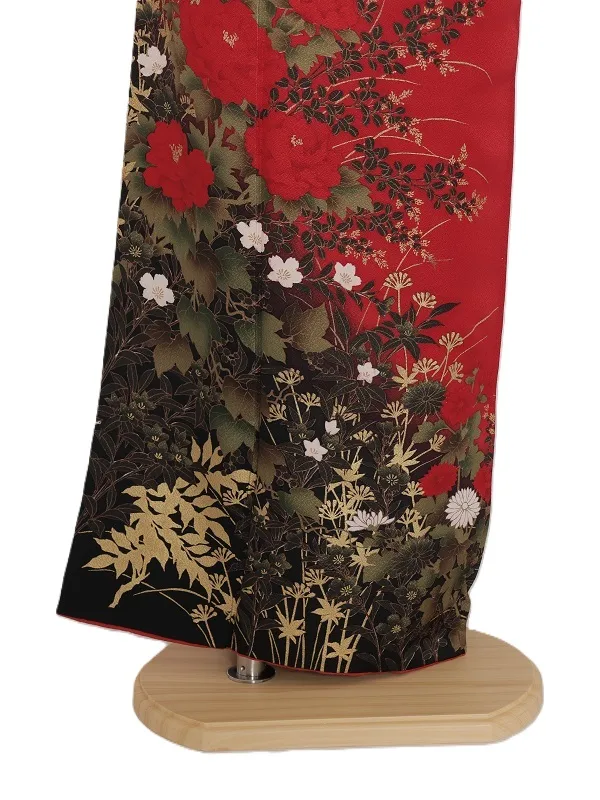 NEO訪問着491/紅色裾黒ぼかし牡丹金花