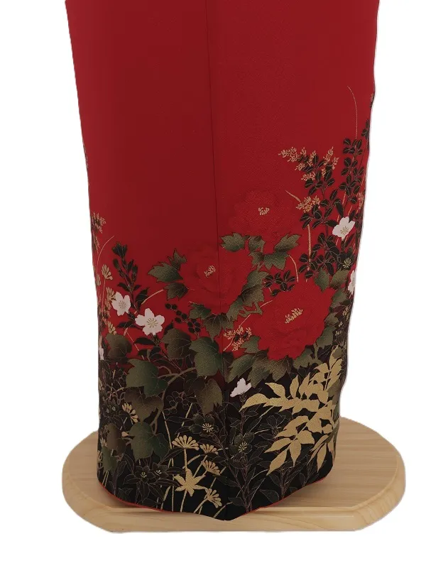 NEO訪問着491/紅色裾黒ぼかし牡丹金花