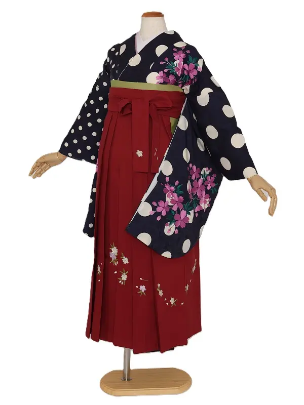 女子袴1024/紺地大小水玉桜刺繍