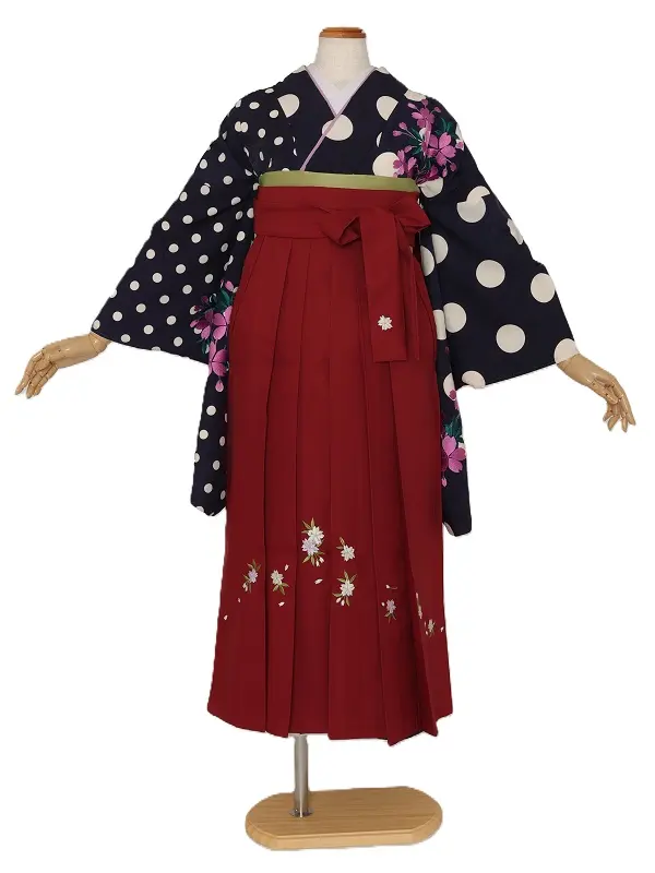 女子袴1024/紺地大小水玉桜刺繍