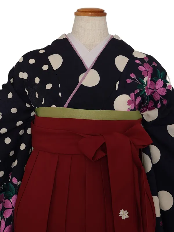 女子袴1024/紺地大小水玉桜刺繍