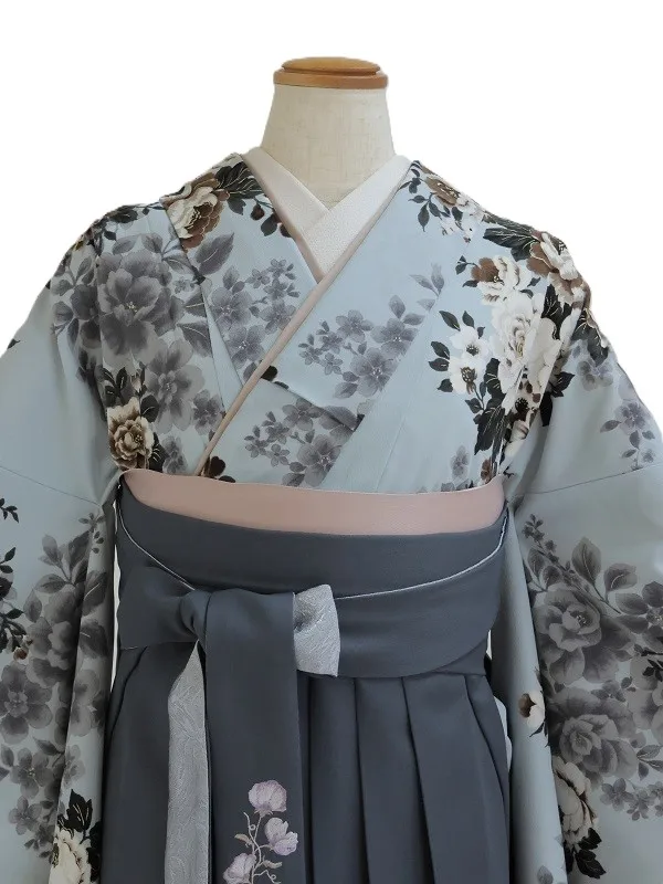 女子袴1125/水色 牡丹小花墨絵風