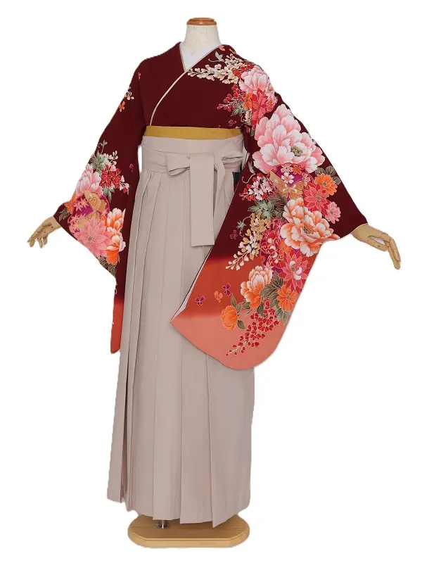 女子袴1135/エンジ牡丹菊雪輪に蝶