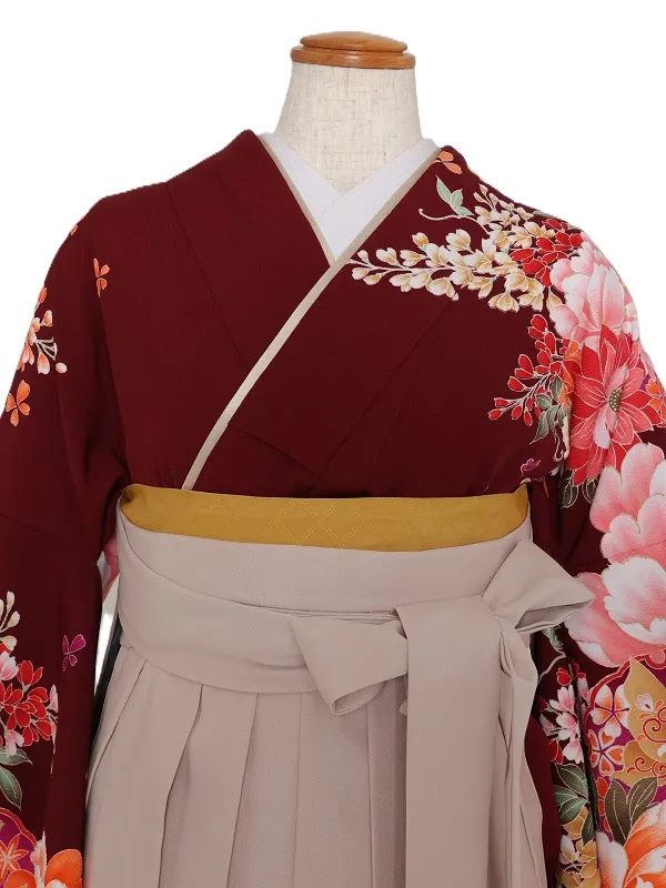 女子袴1135/エンジ牡丹菊雪輪に蝶