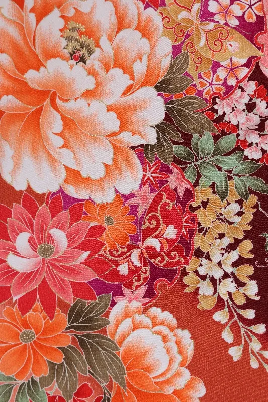女子袴1135/エンジ牡丹菊雪輪に蝶