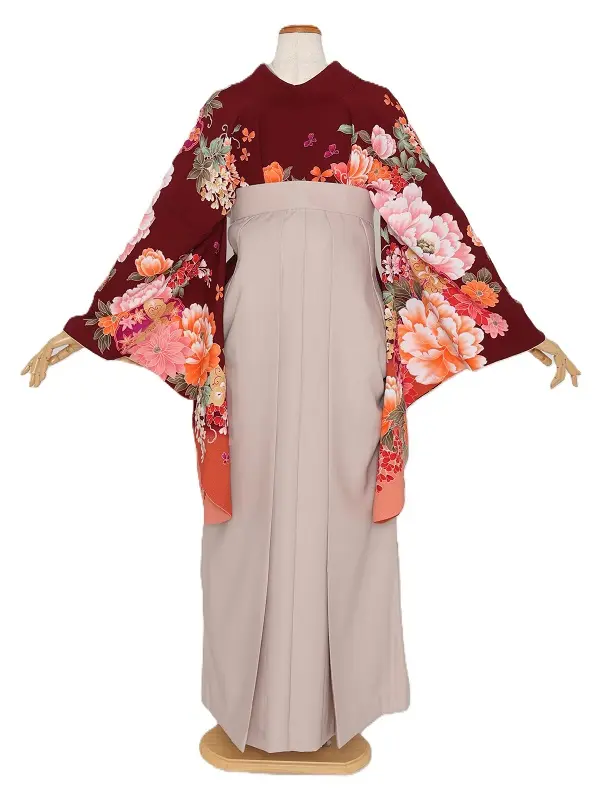 女子袴1135/エンジ牡丹菊雪輪に蝶