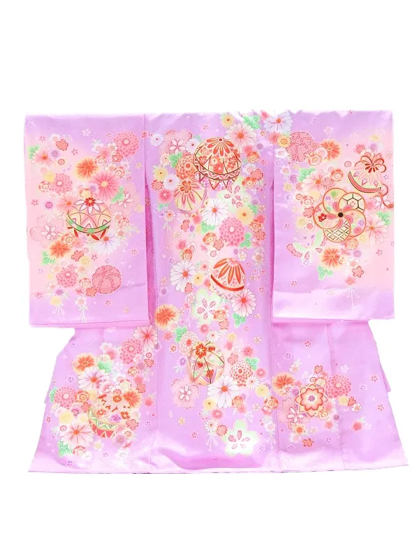 女児産着　お宮参り353/薄紫菊ダリア桜手毬