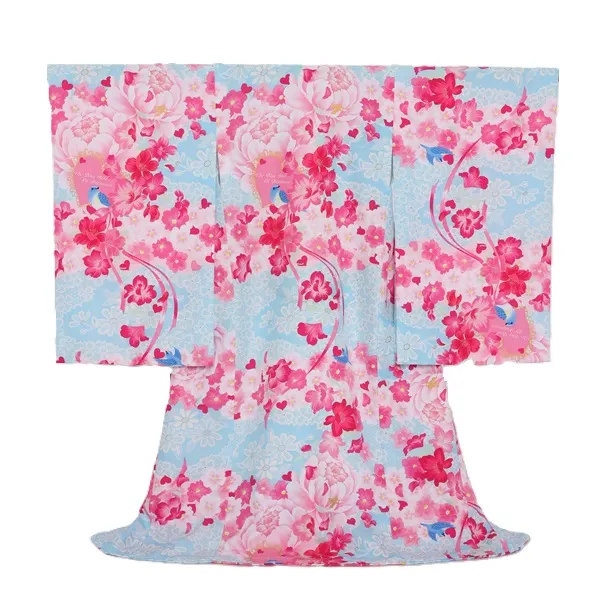 女児産着432/水色青い鳥ﾋﾟﾝｸ花