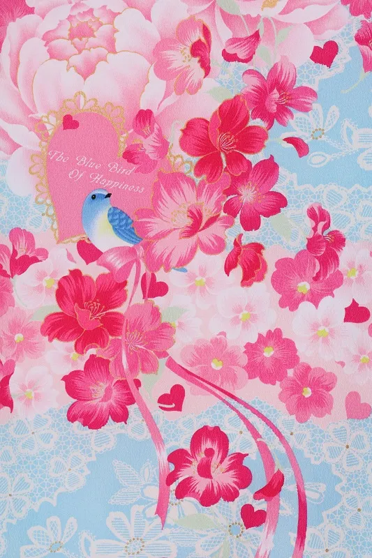 女児産着432/水色青い鳥ﾋﾟﾝｸ花