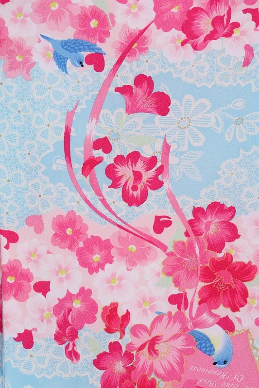 女児産着432/水色青い鳥ﾋﾟﾝｸ花