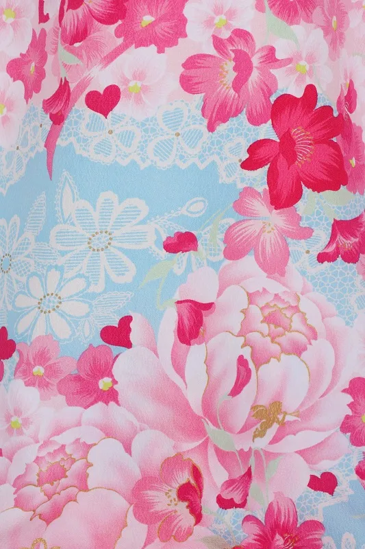 女児産着432/水色青い鳥ﾋﾟﾝｸ花