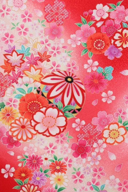 女児産着435/赤御所車に小花