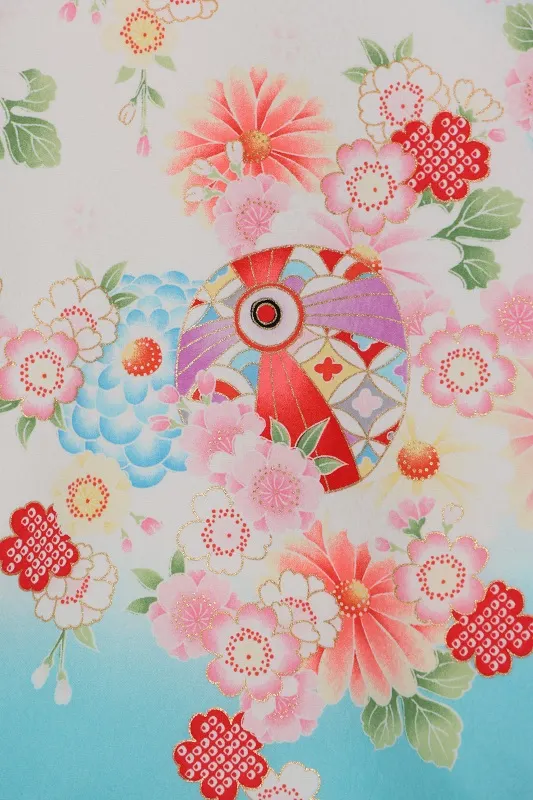 女児産着437/水色白ぼかし 手毬 桜 菊