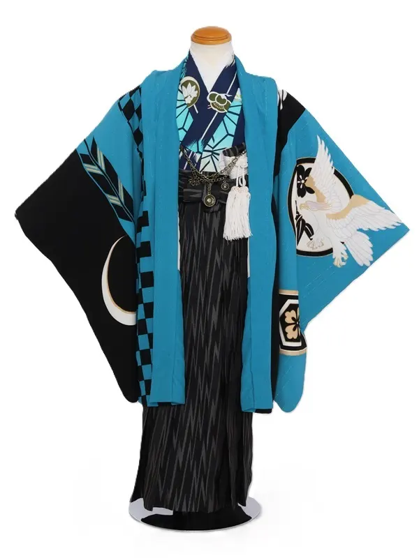 七五三(5歳男児)272/水色黒市松鷹No.1