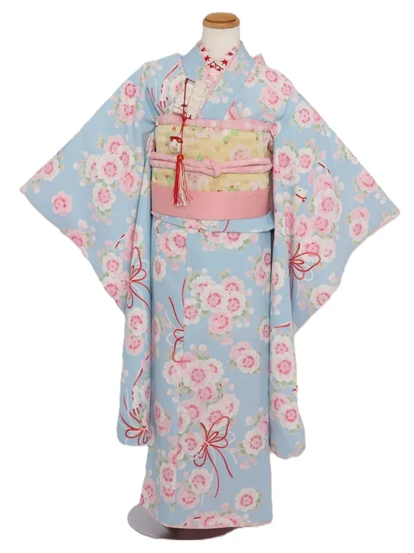 七五三(7歳女児)440/水色桜リボン犬