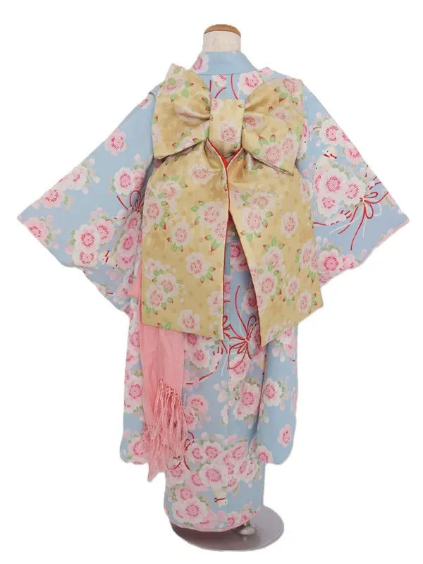 七五三(7歳女児)440/水色桜リボン犬