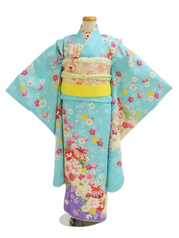 七五三(7歳女児)445/水色うす黄色と紫ぼかし手毬に小花No.1