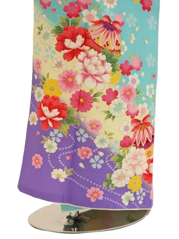 七五三(7歳女児)445/水色うす黄色と紫ぼかし手毬に小花No.1