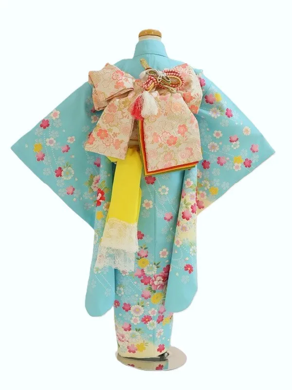 七五三(7歳女児)445/水色うす黄色と紫ぼかし手毬に小花No.1