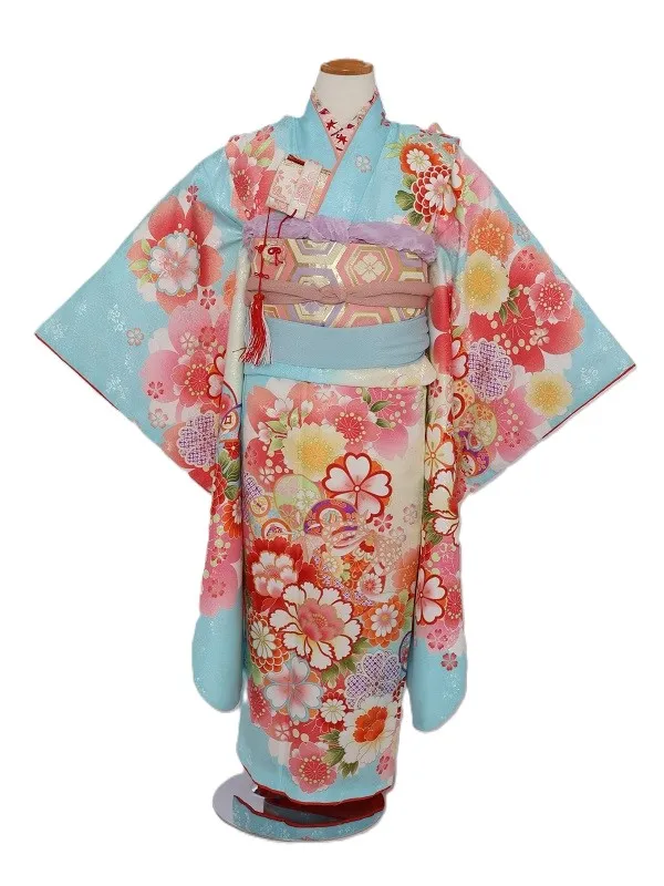 七五三(7歳女児)447/水色うす黄色ぼかし手毬桜牡丹