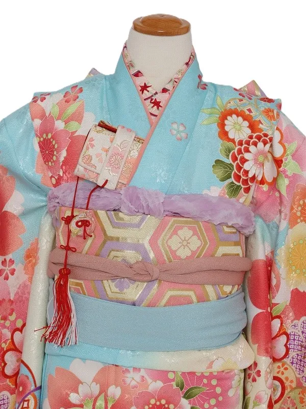 七五三(7歳女児)447/水色うす黄色ぼかし手毬桜牡丹