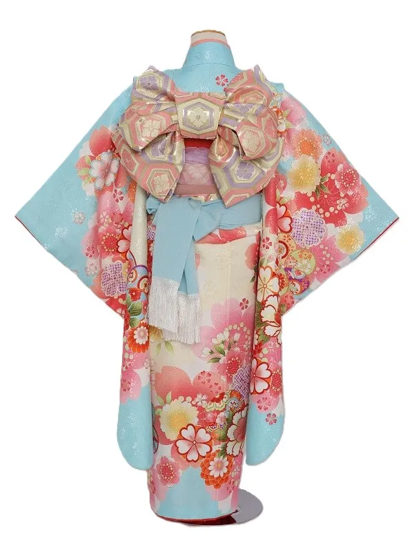 七五三(7歳女児)447/水色うす黄色ぼかし手毬桜牡丹