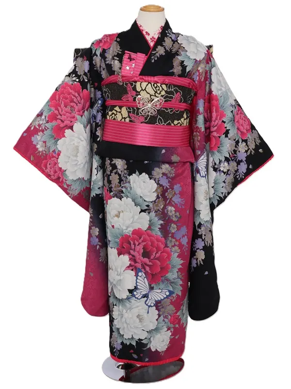 七五三(7歳女児)450/黒地に白とﾋﾟﾝｸ牡丹蝶々