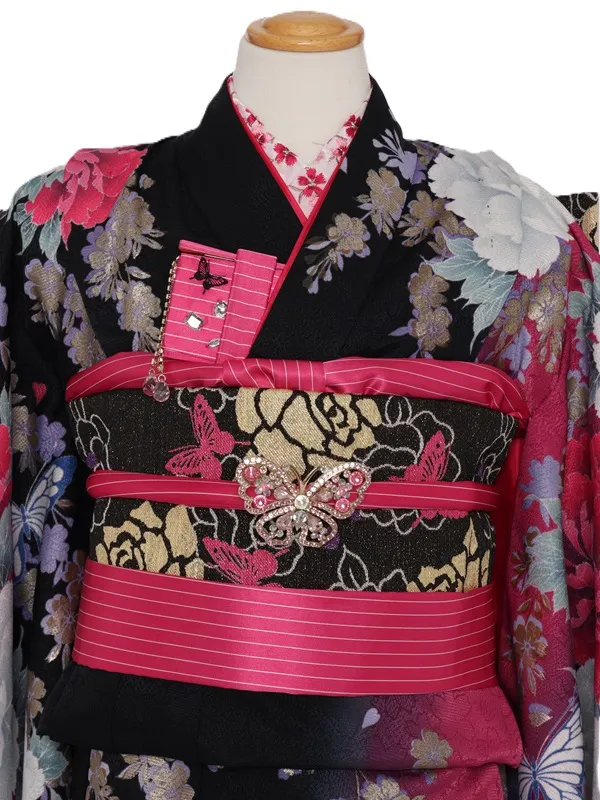 七五三(7歳女児)450/黒地に白とﾋﾟﾝｸ牡丹蝶々