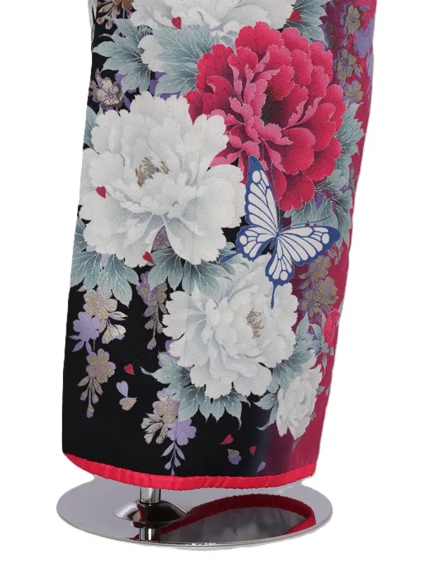 七五三(7歳女児)450/黒地に白とﾋﾟﾝｸ牡丹蝶々