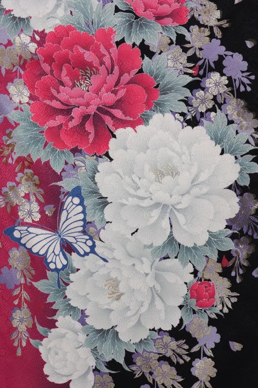 七五三(7歳女児)450/黒地に白とﾋﾟﾝｸ牡丹蝶々