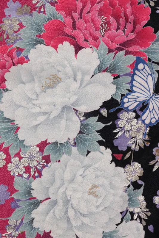 七五三(7歳女児)450/黒地に白とﾋﾟﾝｸ牡丹蝶々