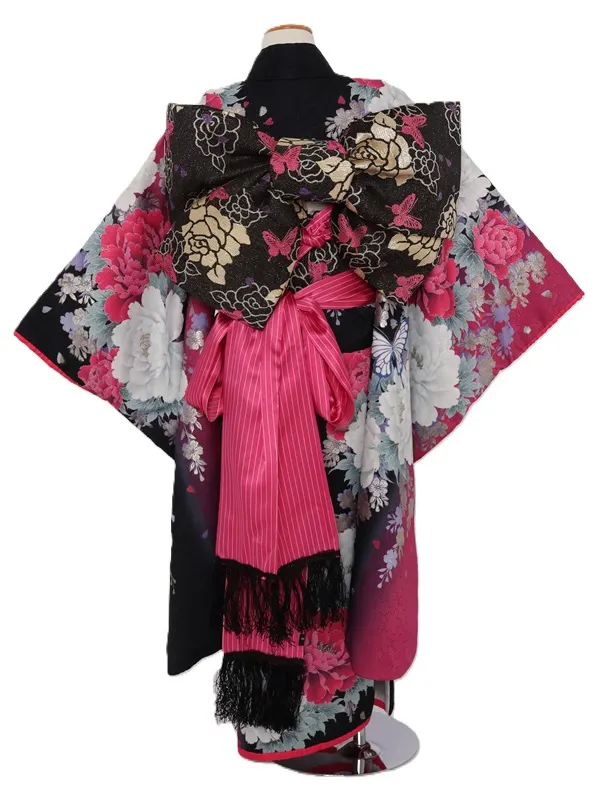 七五三(7歳女児)450/黒地に白とﾋﾟﾝｸ牡丹蝶々