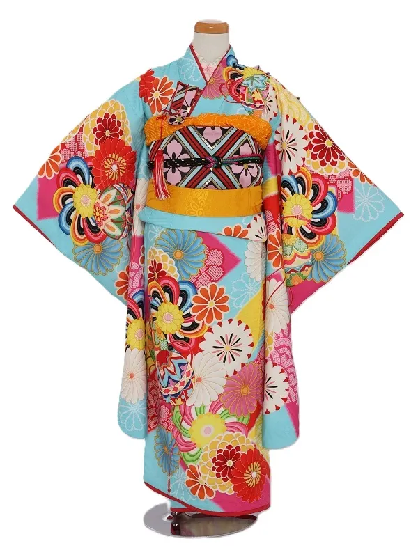 七五三(7歳女児)465/水色地黄色とﾋﾟﾝｸ短冊菊柄