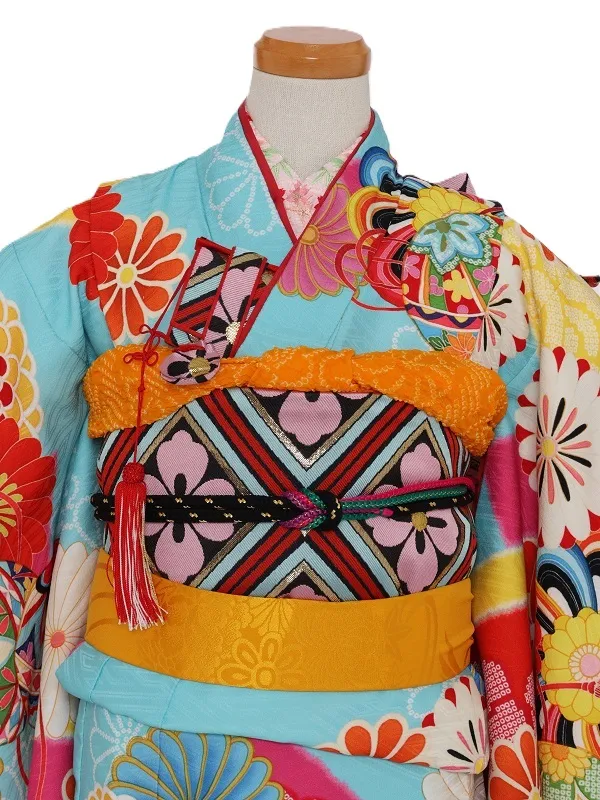 七五三(7歳女児)465/水色地黄色とﾋﾟﾝｸ短冊菊柄