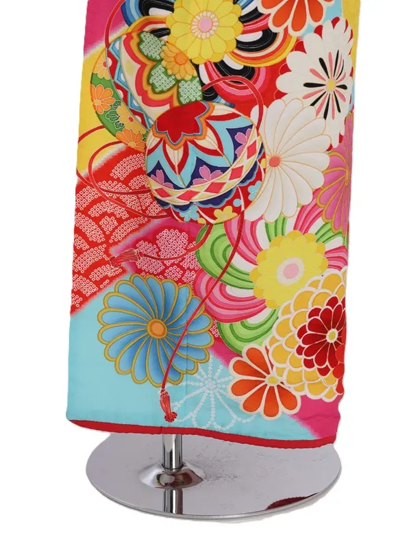 七五三(7歳女児)465/水色地黄色とﾋﾟﾝｸ短冊菊柄