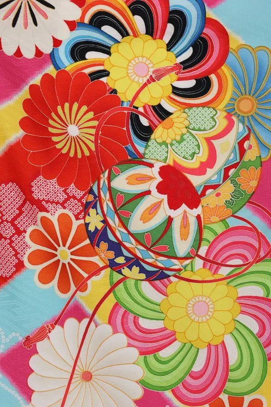 七五三(7歳女児)465/水色地黄色とﾋﾟﾝｸ短冊菊柄