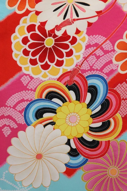 七五三(7歳女児)465/水色地黄色とﾋﾟﾝｸ短冊菊柄