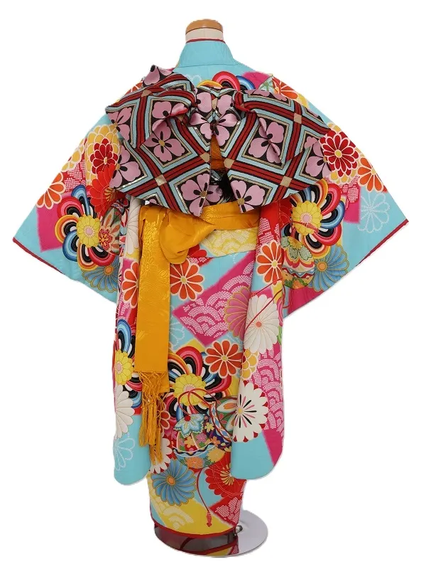 七五三(7歳女児)465/水色地黄色とﾋﾟﾝｸ短冊菊柄