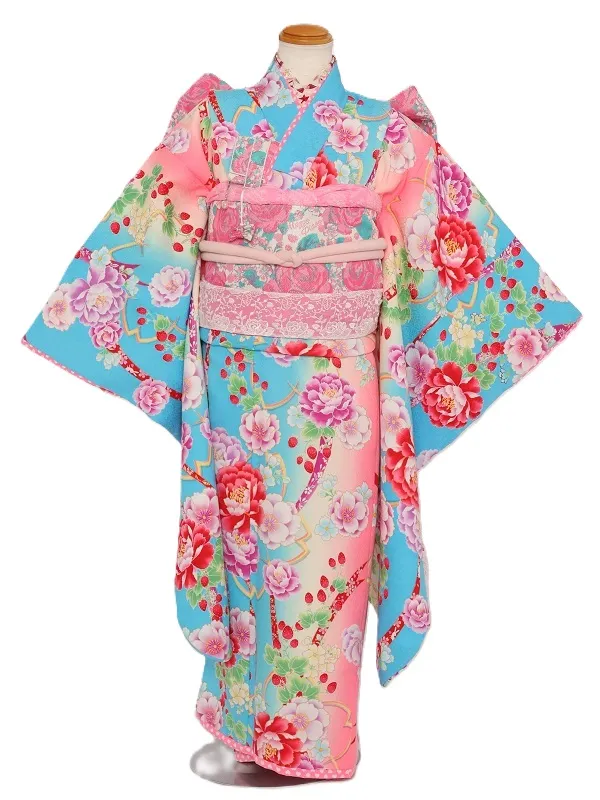 七五三(7歳女児)473/水色ﾋﾟﾝｸぼかし牡丹といちご