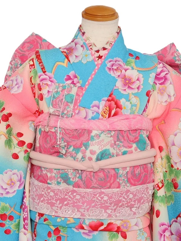 七五三(7歳女児)473/水色ﾋﾟﾝｸぼかし牡丹といちご