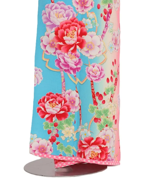 七五三(7歳女児)473/水色ﾋﾟﾝｸぼかし牡丹といちご