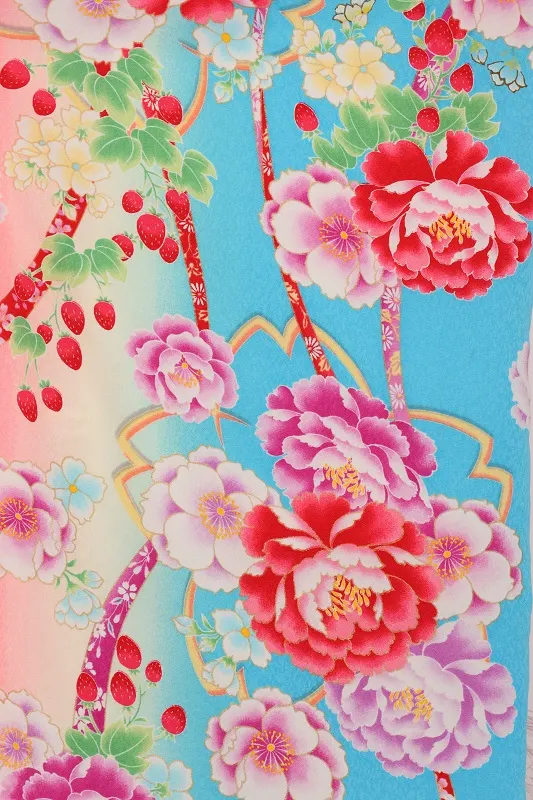 七五三(7歳女児)473/水色ﾋﾟﾝｸぼかし牡丹といちご